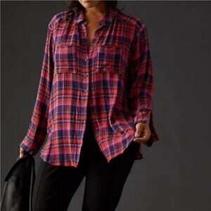 Anthropologie Pilcro Top Womens Medium Blue Red Plaid Relaxed Fit Button Up Boho